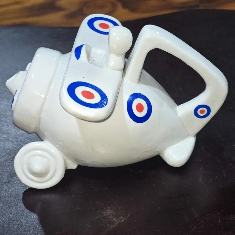 Vintage Ceramic Biplane Novelty Teapot White with Blue and Red Roundel Pilot Lid